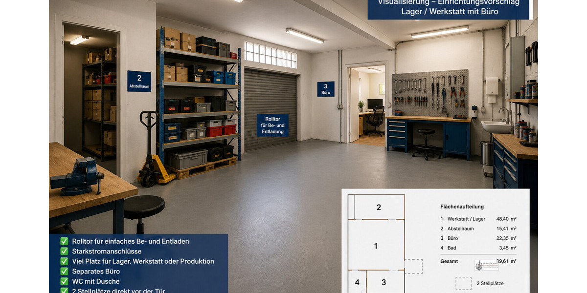 Visualisierung - Einrichtungsvorschlag Lager - Werkstatt mit Büro